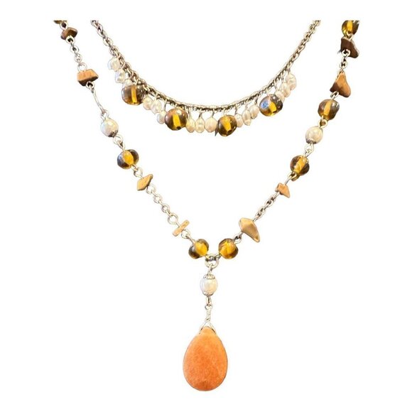 AVON Earthtone Pearlesque Multi-Strand Necklace Silvertone Stone Glass Brown 15" - Picture 1 of 16